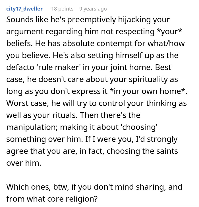 Text of a Reddit comment discussing manipulation in relationships involving religion.