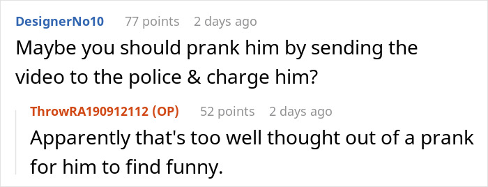 Reddit comments discussing a husband's prank potentially risking his wife's life, suggesting involving police.
