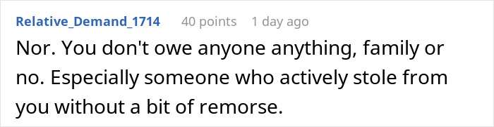 Comment discussing family dynamics and financial demands after a history of theft.
