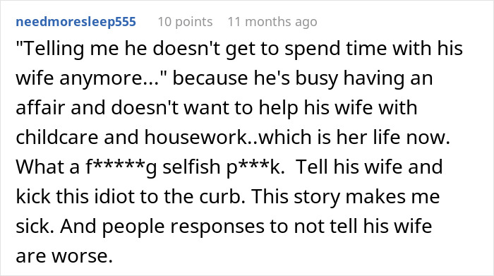 Reddit comment discussing an affair, questioning whether to reveal it and criticizing the behavior involved.