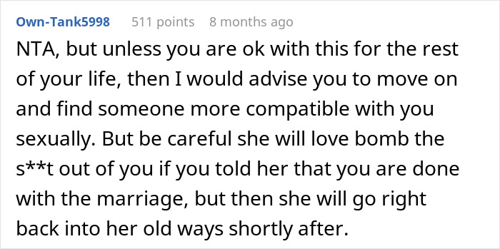 Comment advising a husband seeking divorce to find a more compatible partner after three years of a dead bedroom life.