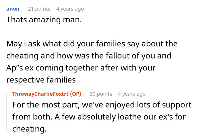 Discussion about affair partners and fallout, with questions regarding family support and reactions to cheating.