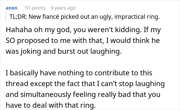 Text post humorously discussing a man's failed engagement ring choice.