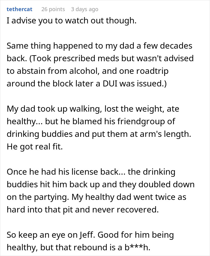 Text story about losing a license leading to weight loss and healthier lifestyle changes.