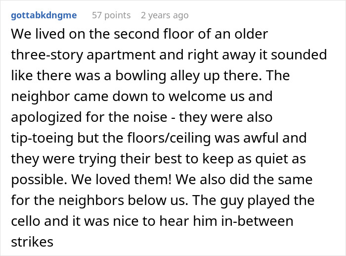 Story about a woman asking neighbors to keep noise down in an old apartment building.