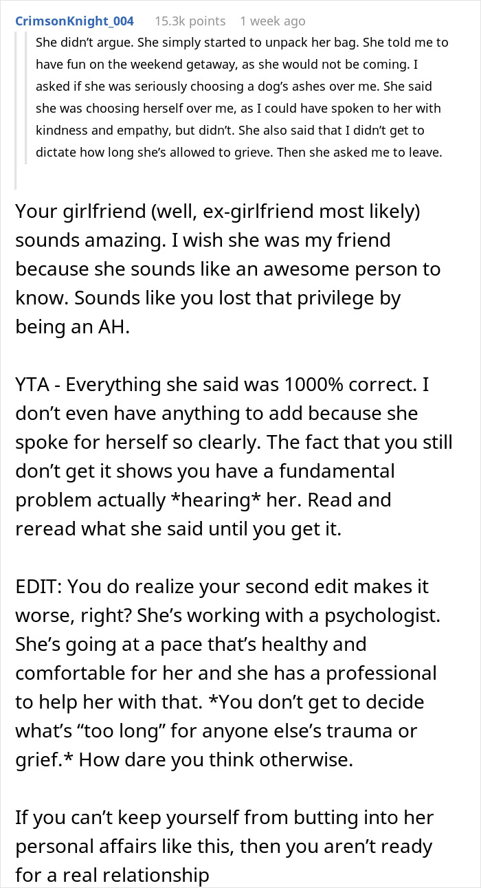 Text conversation about grieving dog's ashes, relationship strain and emotional empathy. Text conversation about grieving dog's ashes, relationship strain and emotional empathy.