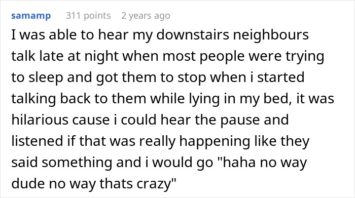 Text conversation about a woman regretting asking neighbors to keep it down, with humorous response.