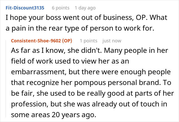 Reddit comments discussing an egoistic boss embarrassingly, with users expressing dissatisfaction and regret.