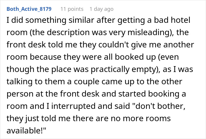Comment discussing misleading hotel room descriptions and booking issues.