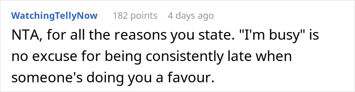 Reddit comment discussing reasons for ending free rides to work due to consistent lateness.