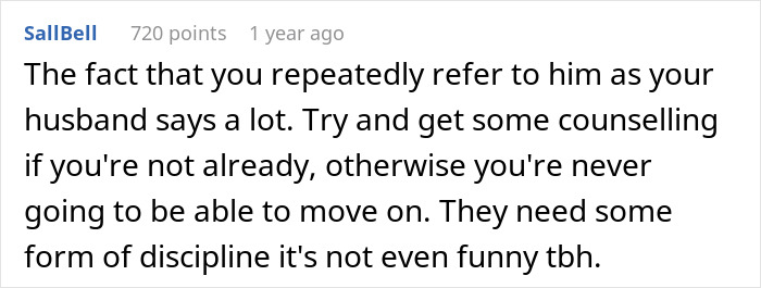 Comment discussing discipline needed for kids after spiking dad's mistress's food.