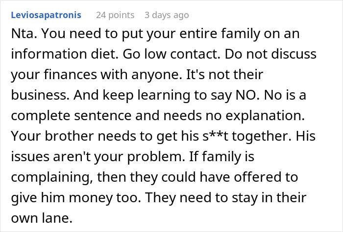 Text comment discussing family dynamics and financial boundaries related to refusing to lend money. Text comment discussing family dynamics and financial boundaries related to refusing to lend money.