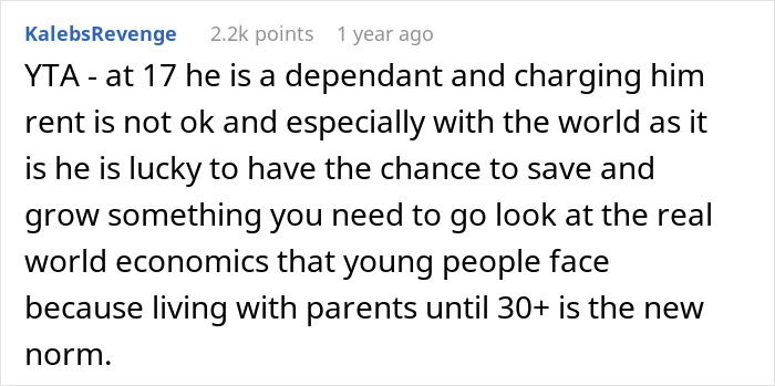 Comment on charging a 17-year-old son rent, discussing economic norms and parental dependence.