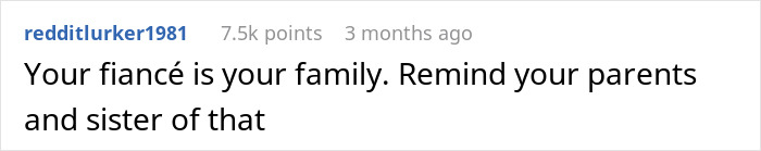 Reddit comment about prioritizing fiancé as family over financial demands from sister for college. Reddit comment about prioritizing fiancé as family over financial demands from sister for college.