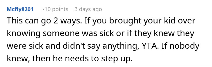 Reddit comment discussing responsibility in a child's illness situation, highlighting parental roles.