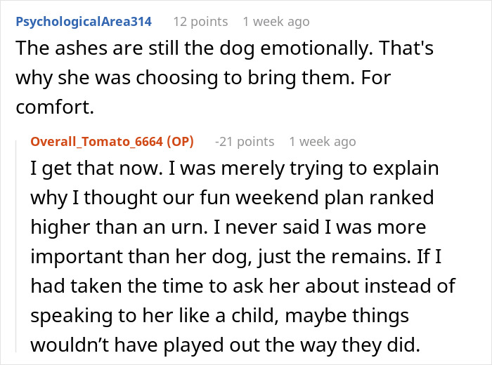 Reddit discussion about a guy upset over girlfriend's dog ashes, addressing emotional attachment and relationship dynamics. Reddit discussion about a guy upset over girlfriend's dog ashes, addressing emotional attachment and relationship dynamics.