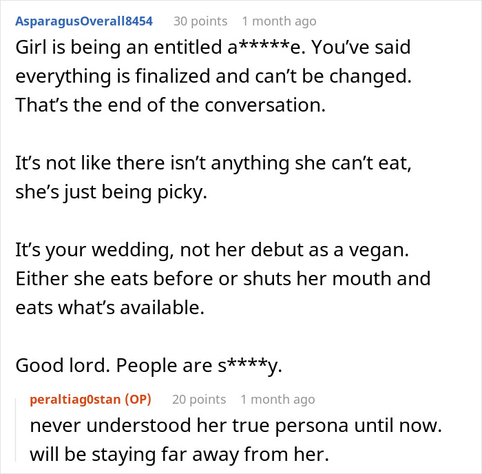 Reddit comments discussing a vegan's reaction to wedding menu disagreements.