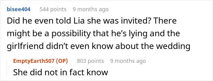 Text conversation about brother choosing his female BFF over long-term GF for wedding invitation.