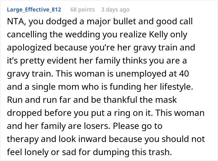 Comment supports man's decision to cancel wedding due to in-laws' behavior at rehearsal. Comment supports man's decision to cancel wedding due to in-laws' behavior at rehearsal.