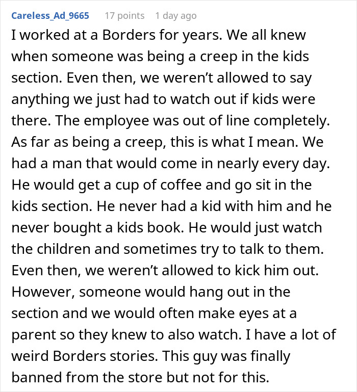 Bookstore clerk shares story about a man frequently in the children's section, leading to a ban.