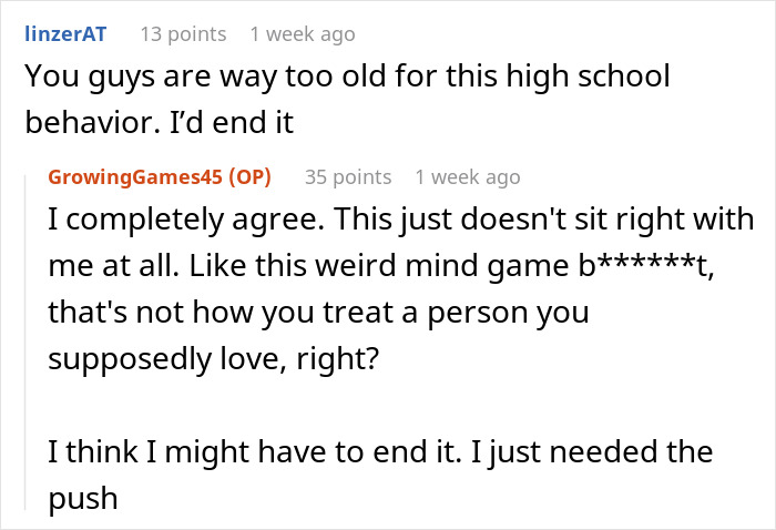 Reddit comments about testing boyfriend's loyalty with a fake IG account, discussing relationship trust issues.