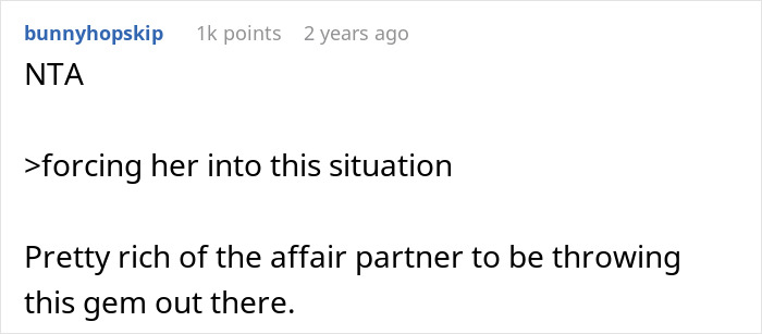 Reddit comment discussing a partner's reaction to naming a baby, mentioning an affair partner's boldness.