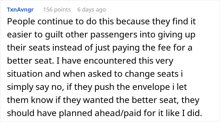 Comment about a passenger accused of lying for an aisle seat, discussing guilt-tripping for better seating on flights.