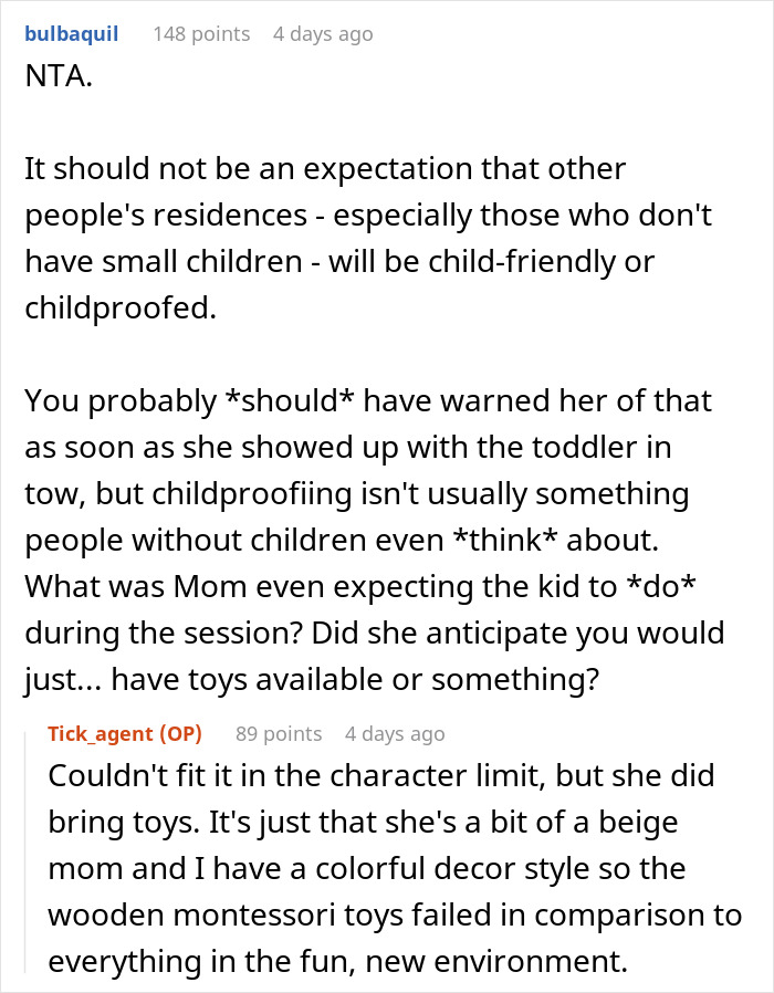 A Reddit discussion on D&D night disrupted by a woman's unexpected toddler visit, highlighting childproofing issues. A Reddit discussion on D&D night disrupted by a woman's unexpected toddler visit, highlighting childproofing issues.