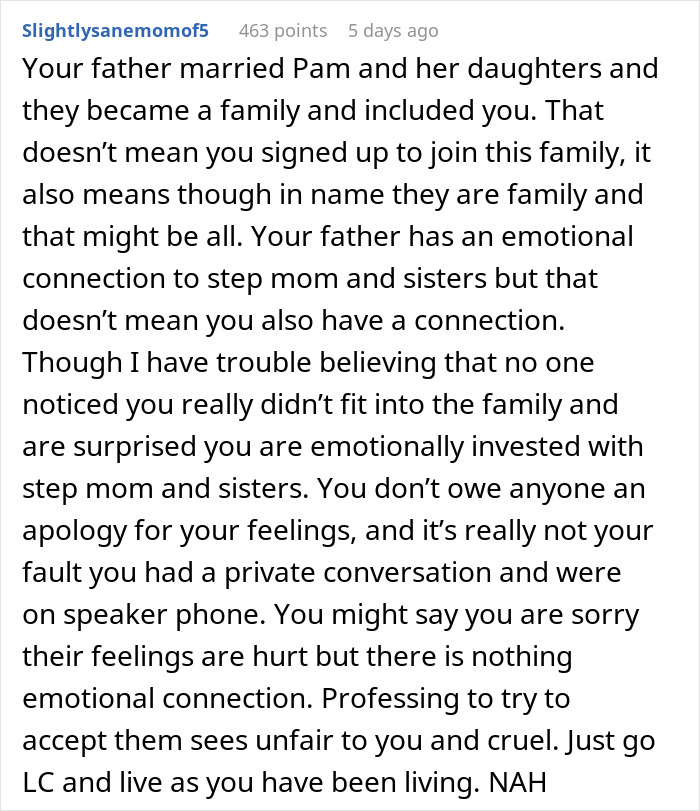 Text from an online post about apologizing to a stepmom and stepsisters, discussing real family connections.