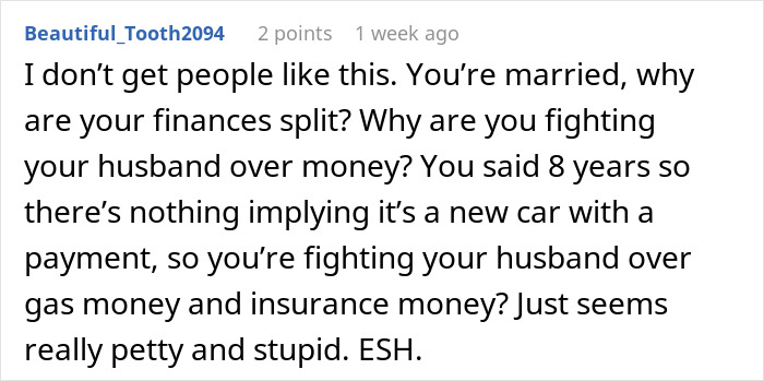 Comment critiquing finances of a couple arguing over shared car bills, questioning split finances and noting it seems petty. Comment critiquing finances of a couple arguing over shared car bills, questioning split finances and noting it seems petty.
