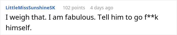 User comment supporting a woman fat-shamed by her husband, encouraging confidence and dismissing the negativity. User comment supporting a woman fat-shamed by her husband, encouraging confidence and dismissing the negativity.