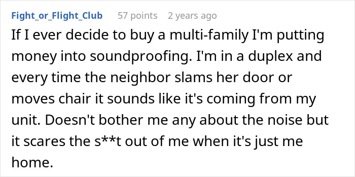 Text describing a woman's regret over noisy neighbors in a duplex, pondering soundproofing investment.