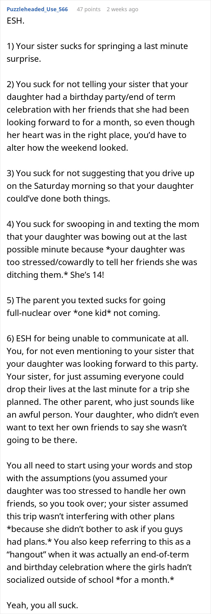 Text post discussing parent prioritizing family trip over daughter's friend plans.
