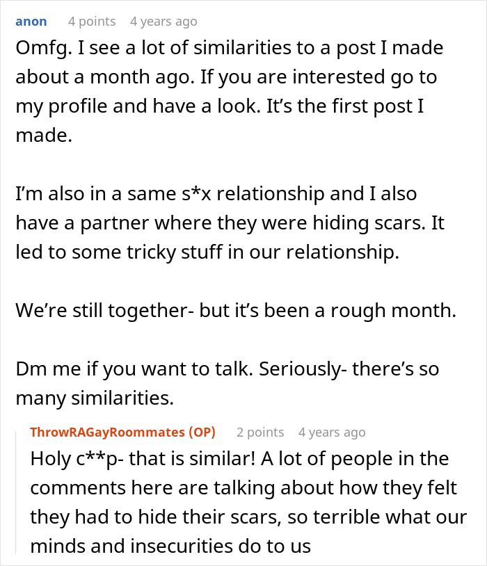 Text exchange about relationship challenges and scars, highlighting insecurities and misunderstandings in a same-s*x relationship.