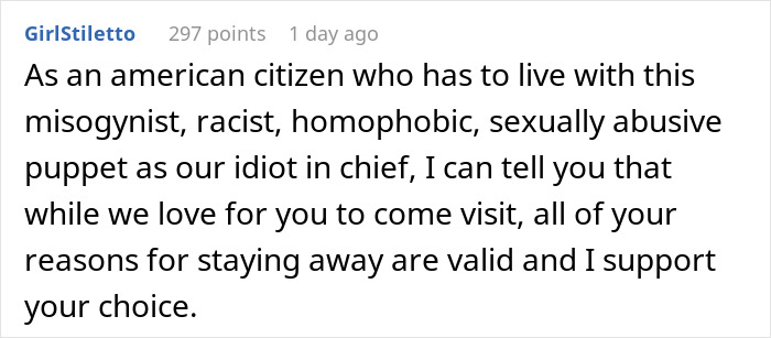 Text message supporting woman's decision to avoid visiting boyfriend's American family due to U.S. issues.