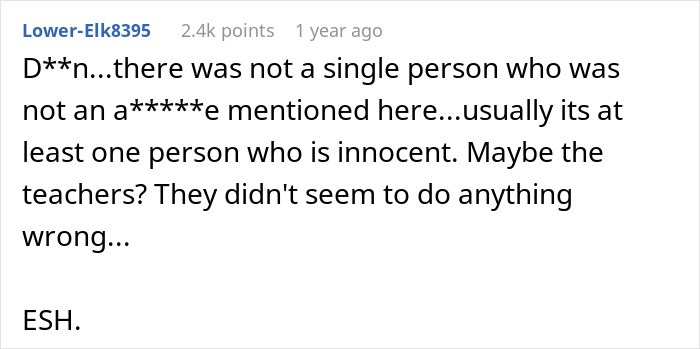 Reddit comment discussing a scenario where kids spiked food, with abbreviations and censored words, reflecting an ESH verdict.