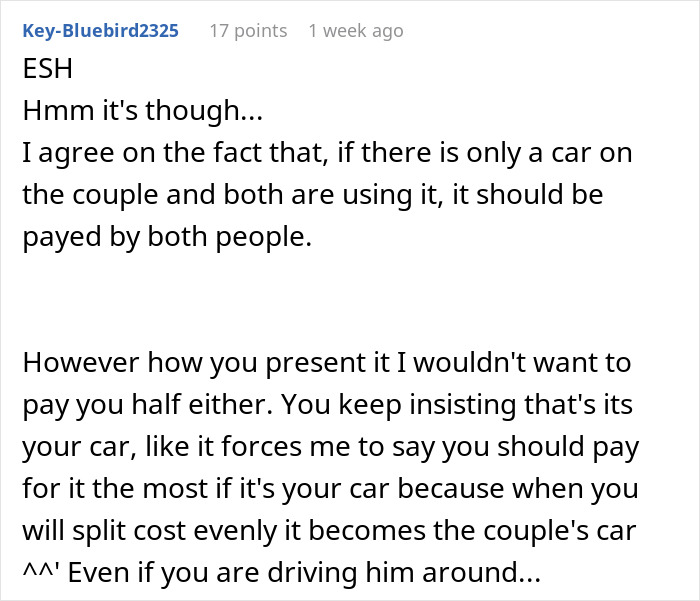 Reddit comment debating whether car bills should be split between husband and wife. Reddit comment debating whether car bills should be split between husband and wife.