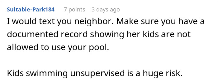 Online comment about pool ownership and neighbor's kids swimming unsupervised.