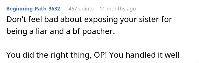 Reddit comment about exposing a sister for being a liar and boyfriend poacher.