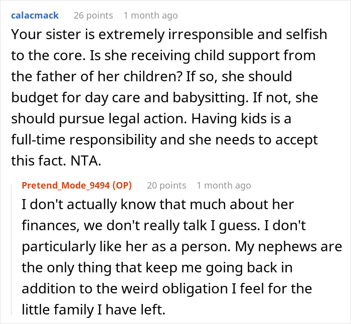Reddit conversation about unpaid babysitting boundaries and family issues.