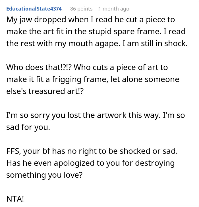 Reddit comment reacting to someone's boyfriend ruining artwork by cutting it to fit a frame.