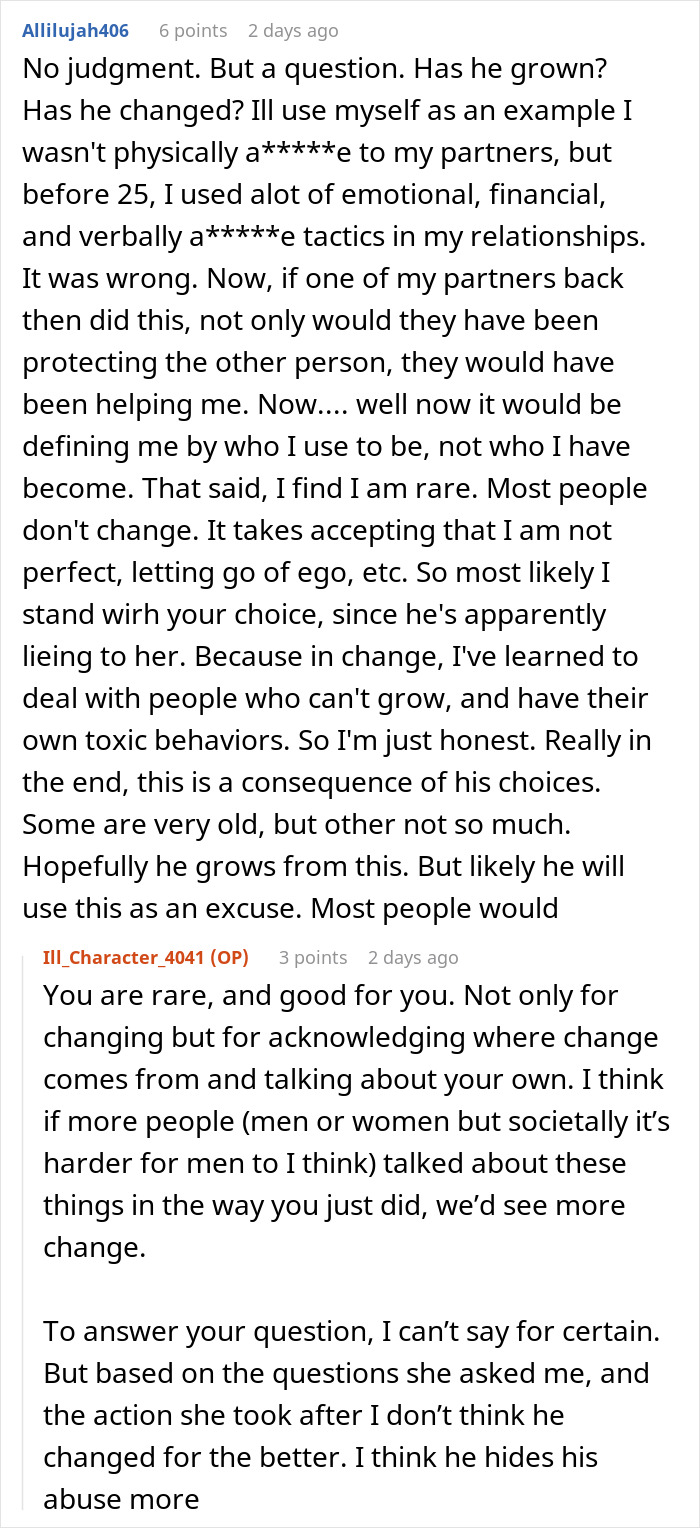 A conversation about a man&rsquo;s criminal record and past behavior, involving his ex and current wife.