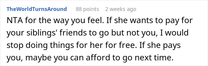 Comment discussing family holiday exclusion, suggesting stopping unpaid favors if not invited.