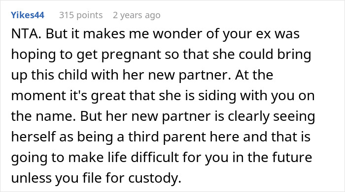Comment discussing custody concerns about a partner naming a child.