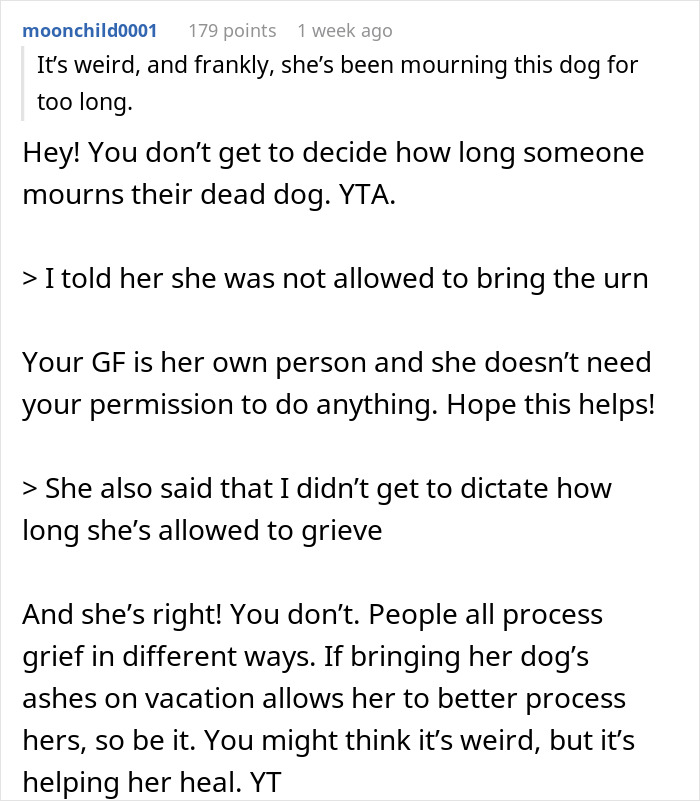 Reddit comment on mourning, discussing a girlfriend grieving her dog's ashes and the need to respect her process. Reddit comment on mourning, discussing a girlfriend grieving her dog's ashes and the need to respect her process.