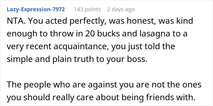 Comment defending woman excluded by office mean girls, discussing honesty and friendship.