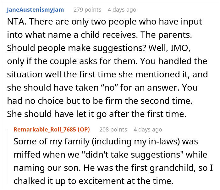 Text exchange discussing input on baby names, highlighting parents' decision rights.