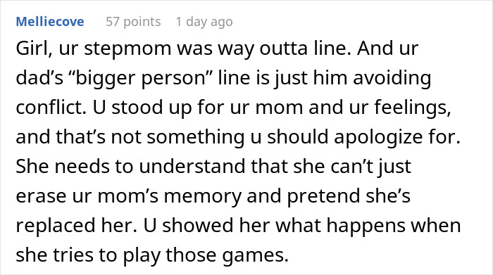 Comment text about a stepmom trying to replace a mom, with a strong reaction from teen.