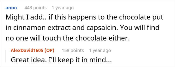 Comment suggesting adding cinnamon and capsaicin to deter an ice cream thief. Roommate agrees it's a great idea.
