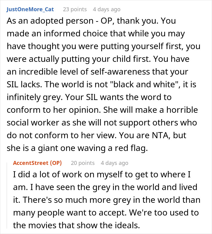 Text exchange discussing adoption, self-awareness, and contrasting views on conformity.